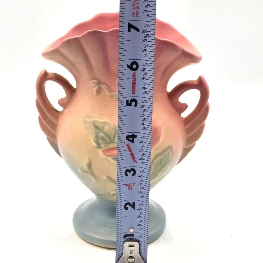 Hull Art Pottery Magnolia‎ Vase Double Handles Pink Yellow Blue  7